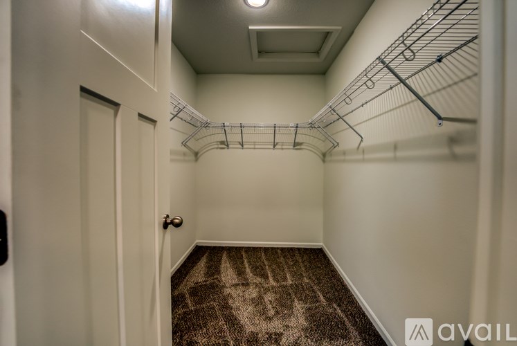A walk-in closet with a carpeted floor and a metal rack.
