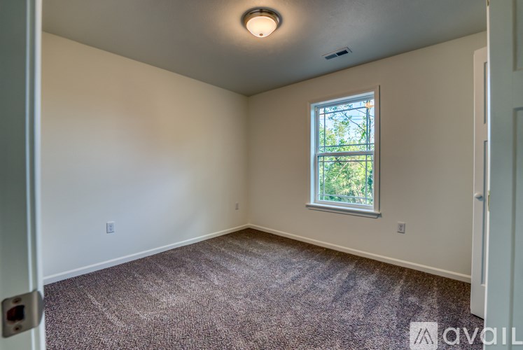 A room with a carpeted floor and a window showing trees outside.