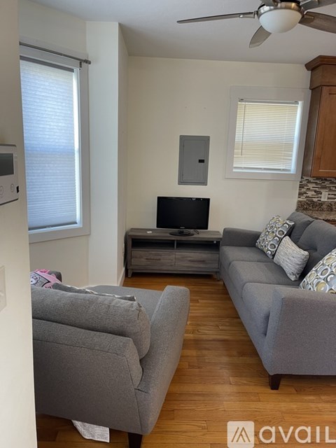 A living room with a grey couch and a television.