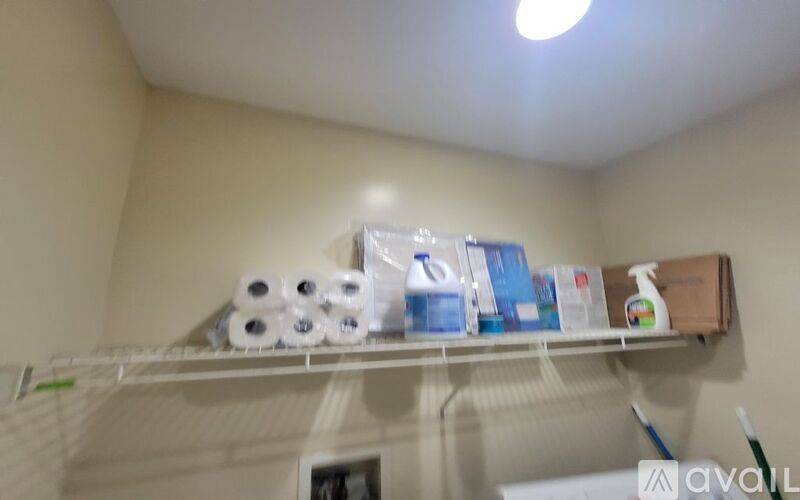 A white shelf with toilet paper, cleaning supplies and a box.