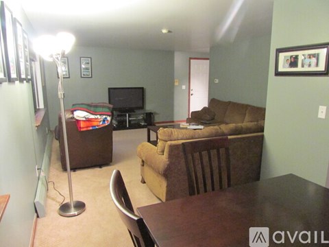 A living room with a brown couch and a television.