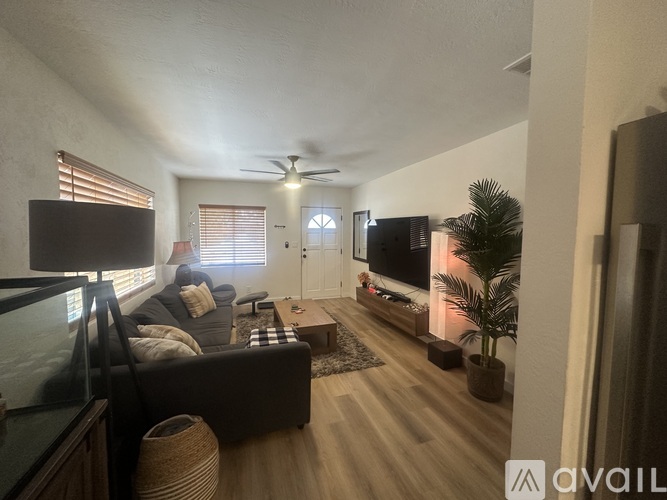 A living room with a couch, a television, and a ceiling fan.