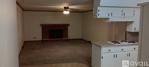 A living room with a fireplace and a kitchenette.