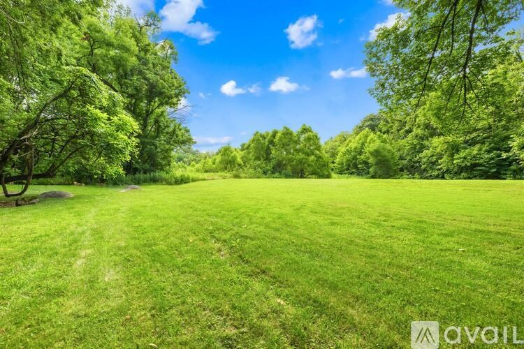 A lush green field with trees and a clear blue sky.