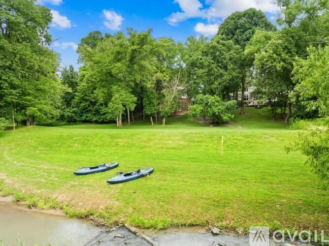 A grassy area with two boats and a river.