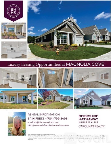 A real estate advertisement showcasing various homes for rent at Magnolia Cove.