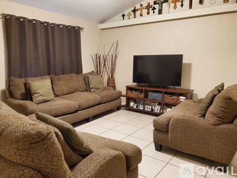 A living room with a brown sofa and a television.
