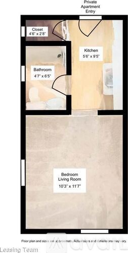 A floor plan of a private apartment entry with a living room, kitchen, bathroom, and closet.