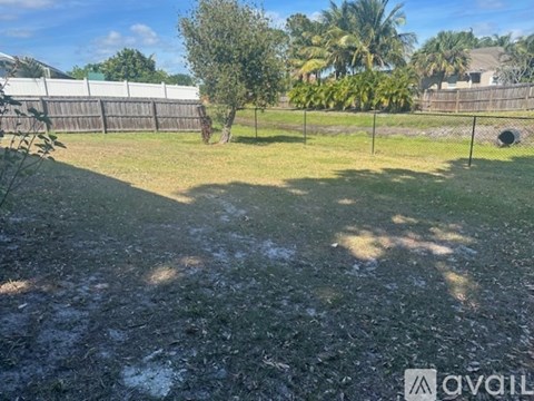 A backyard with a fence and a tree.