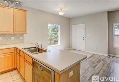 A kitchen with wooden cabinets and a stainless steel dishwasher is available for rent.
