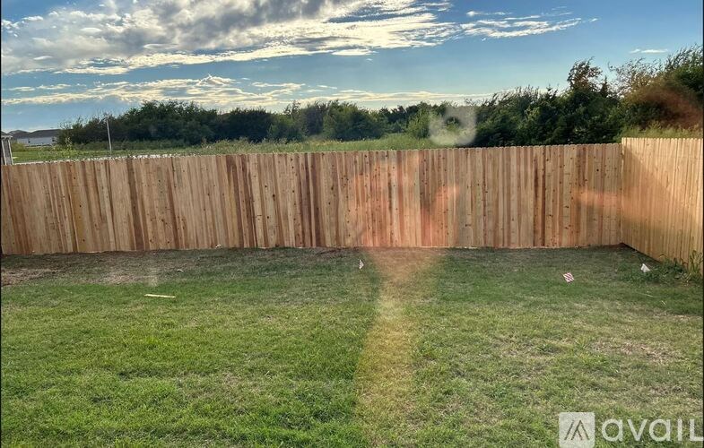 A backyard with a wooden fence and green grass.