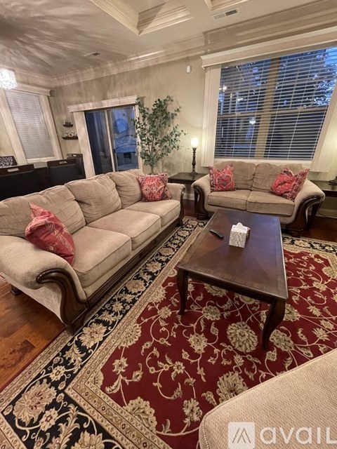 A living room with a beige sofa and a patterned rug.