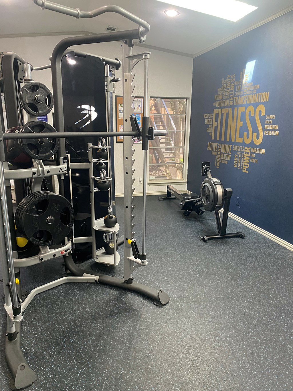 A gym with a wall that says "The Fitness" on it.