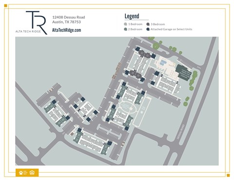 A map of a residential area with a legend indicating the number of bedrooms in each unit.