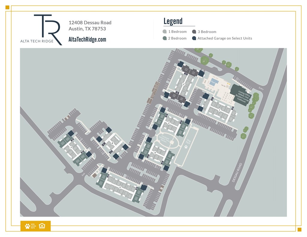 A map of a residential area with a legend indicating the number of bedrooms in each unit.