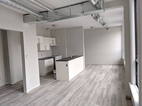 A kitchen area with a counter and cabinets.