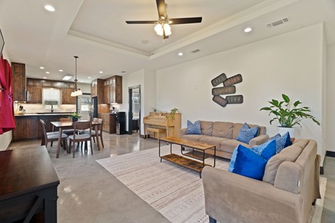 A modern living room with a beige couch and a rug.