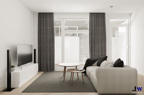 A modern living room with a white sofa, a wooden coffee table, and a flat-screen TV.