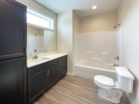 A white toilet sits next to a bathtub in a bathroom.