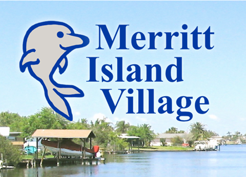 A logo with a dolphin and the words Merritt Island Village.