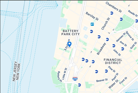A map of a city with streets and locations marked.