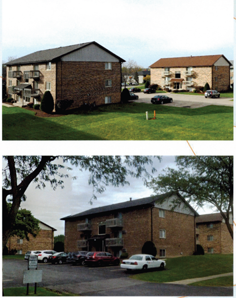 Two images of apartment buildings with cars parked in front.