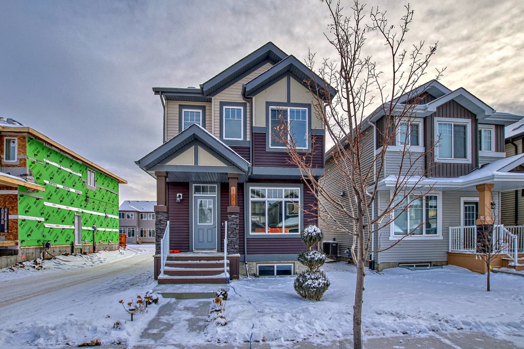 A house with a grey front and a tree in front of it.