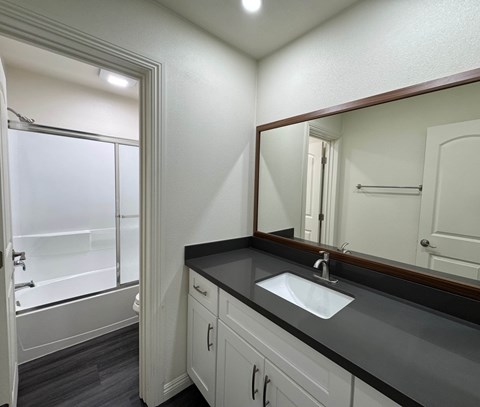 A bathroom with a sink, mirror, and a walk-in shower.