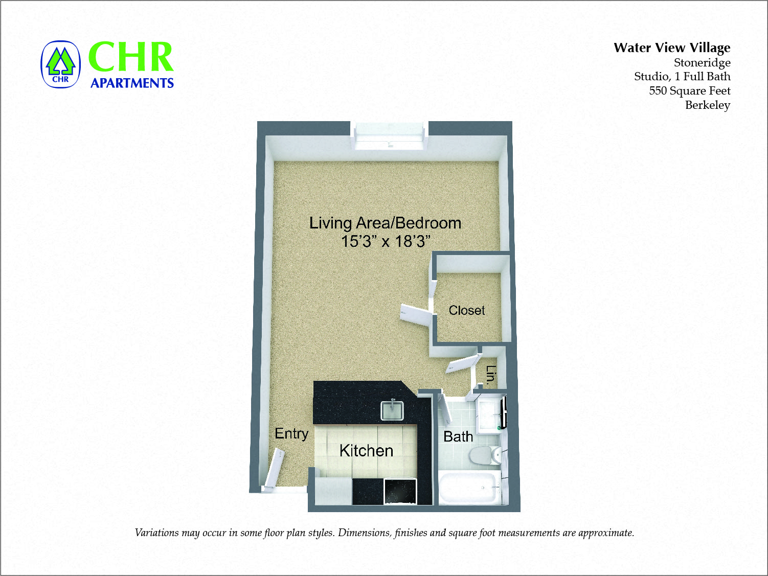 Studio/1 Bath with Full Kitchen