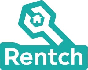 A logo with a magnifying glass and a house inside it, with the word "Rentch" below.