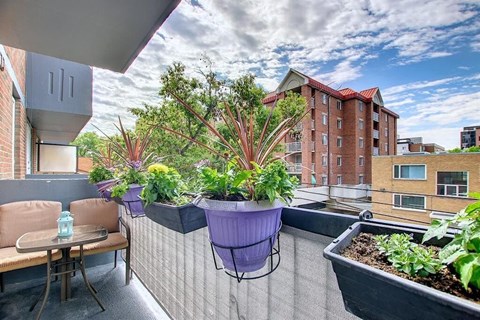A balcony with a table, chairs, and potted plants.