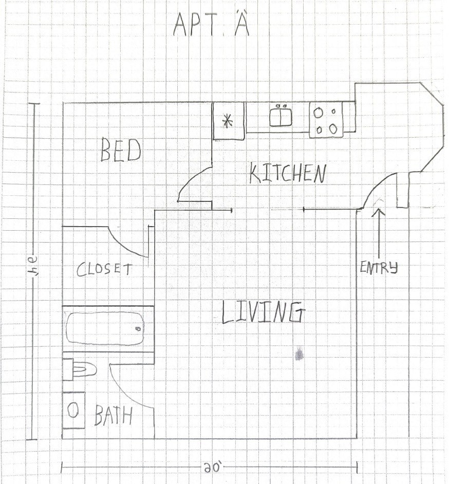 Apt A has a bed, a kitchen, a closet, a bathroom, and an entry way.