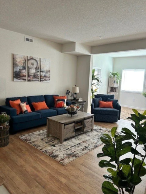A living room with a blue couch, a grey coffee table, and a plant.