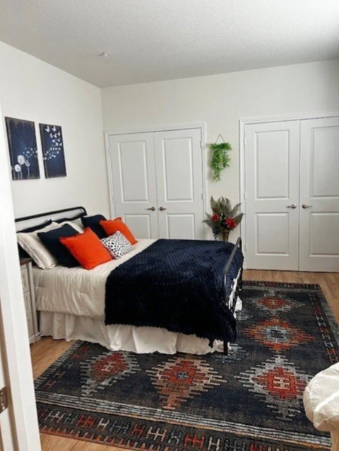 A bedroom with a bed, two doors, and a rug.