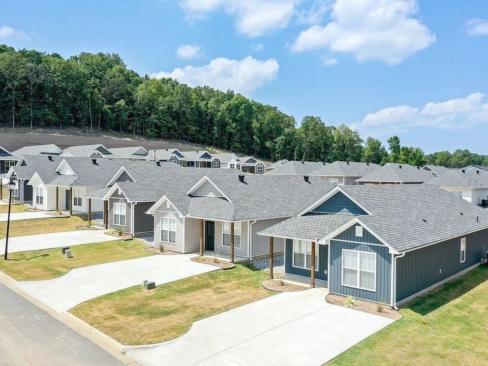 A row of houses with a forest in the background.