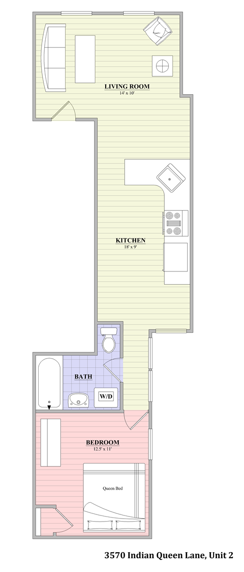 A floor plan of a one bedroom apartment with a living room, kitchen, bathroom and bedroom.