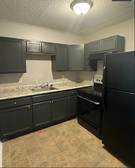 A kitchen with black cabinets and a black refrigerator.