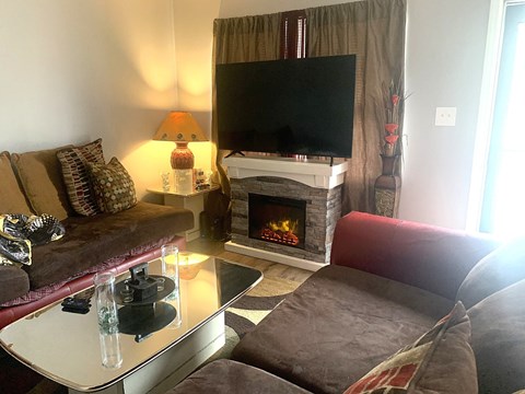 A living room with a couch, a fireplace, and a television.