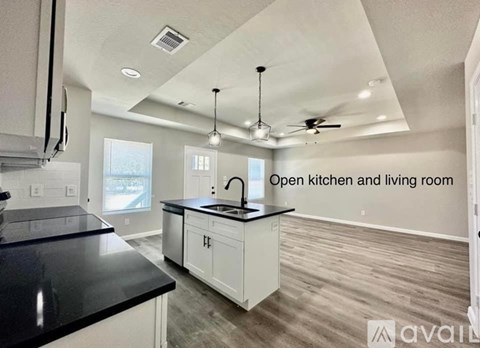 A modern kitchen and living room with a black countertop and white cabinets.