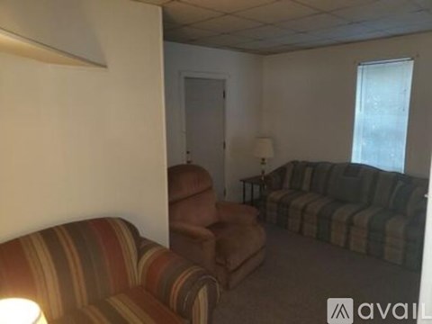 A living room with a striped couch and a striped couch.