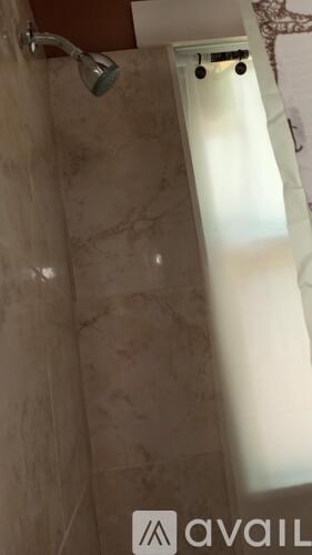 A shower area with a glass door and a shower head.