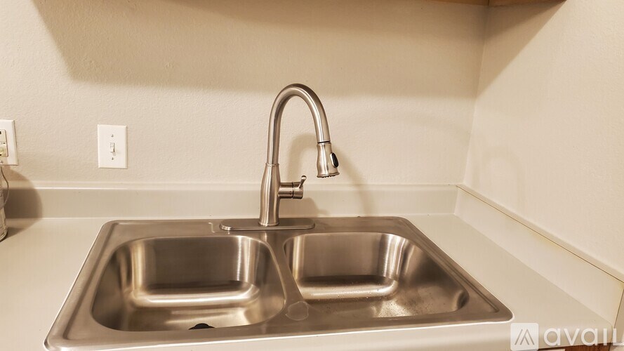A kitchen sink with a faucet and a wall outlet.