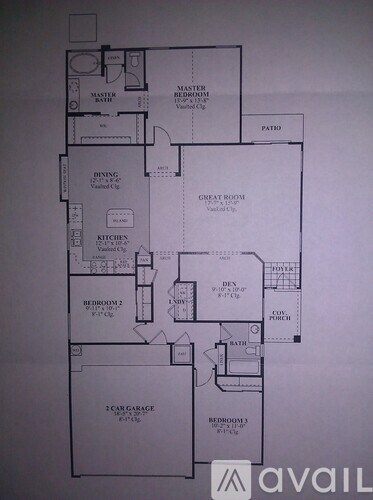 A floor plan of a house with a master suite, two bathrooms, a dining area, a kitchen, a great room, a home office, a garage, and a redwood deck.