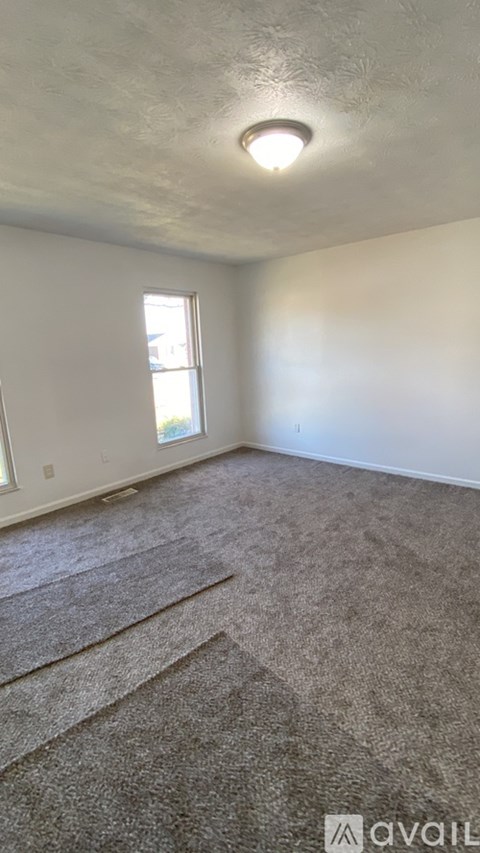 A room with a carpeted floor and a window.