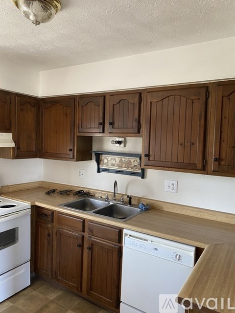 A kitchen with wooden cabinets and a white dishwasher.