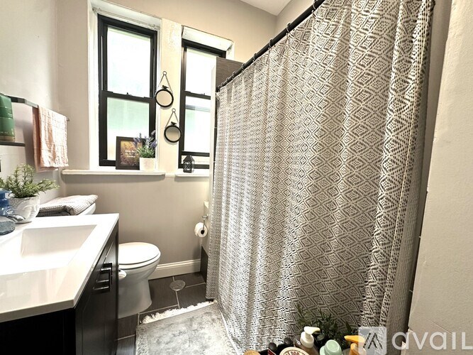 A bathroom with a shower curtain and a toilet.