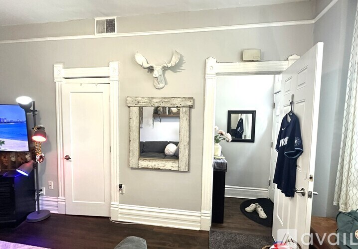 A room with a white door, a mirror, and a TV.