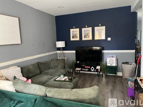 A living room with a grey couch and a green blanket.
