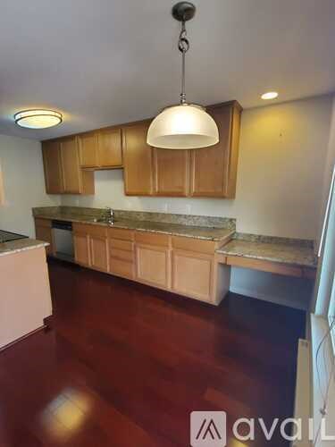 A kitchen with wooden cabinets and a hanging light fixture.