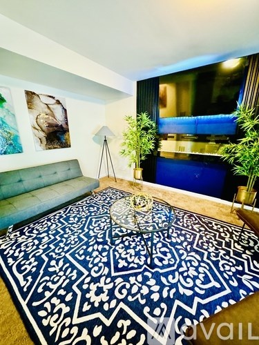A living room with a blue and white patterned rug, a green plant, and a picture on the wall.